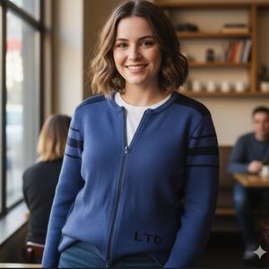 Limited America Womens 100% Merino Wool Full Zip Sweater Cardigan Cozy Blue L